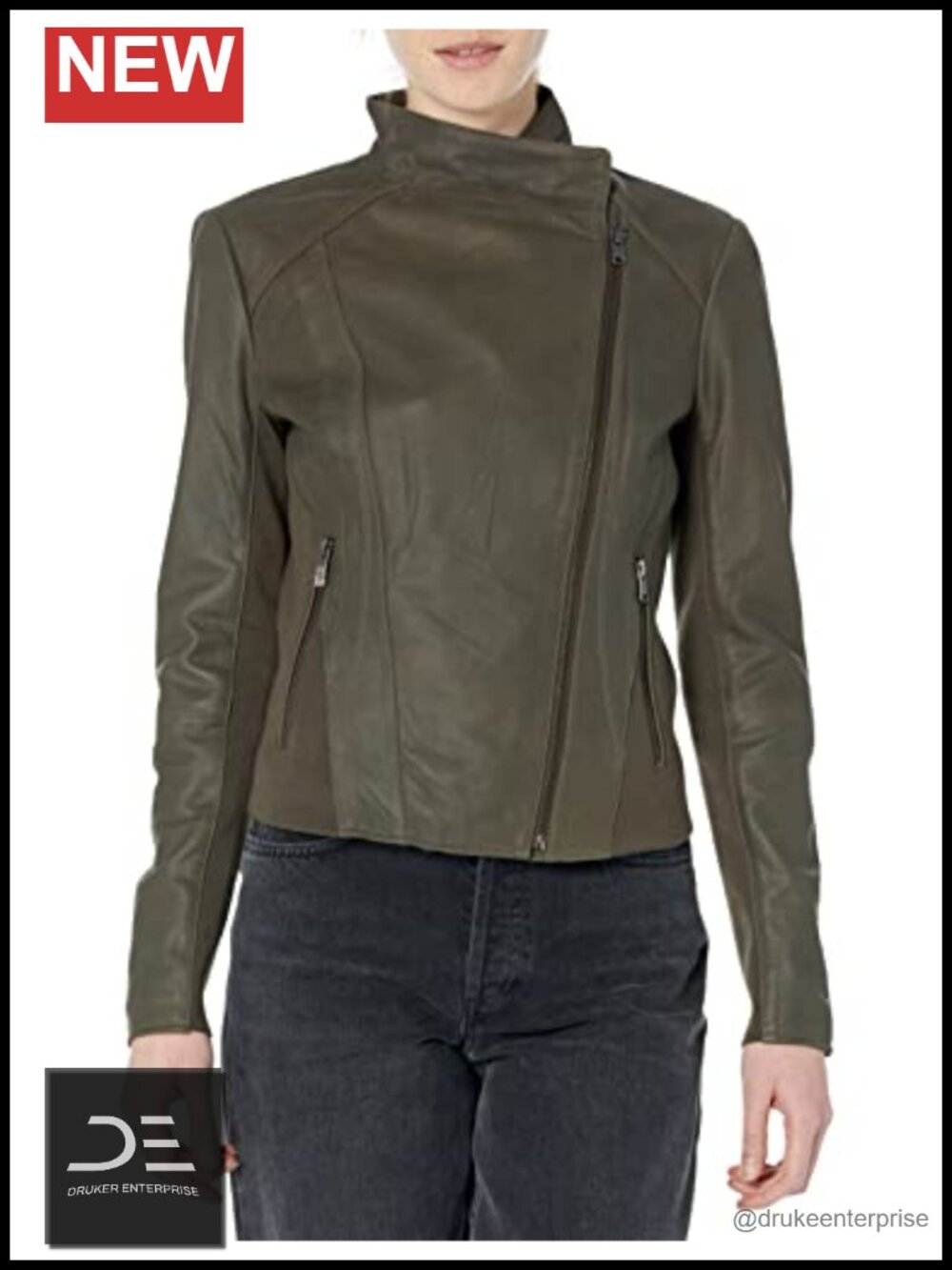 Andrew Marc Asymmetrical Felix Leather Moto Jacket Lightweight Rib Knit